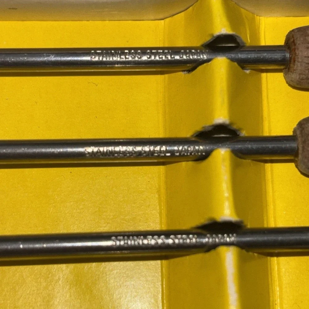 Vintage Fondue Forks 6pc Set Stainless Steel Teak Coded Handles w/Box ~Japan